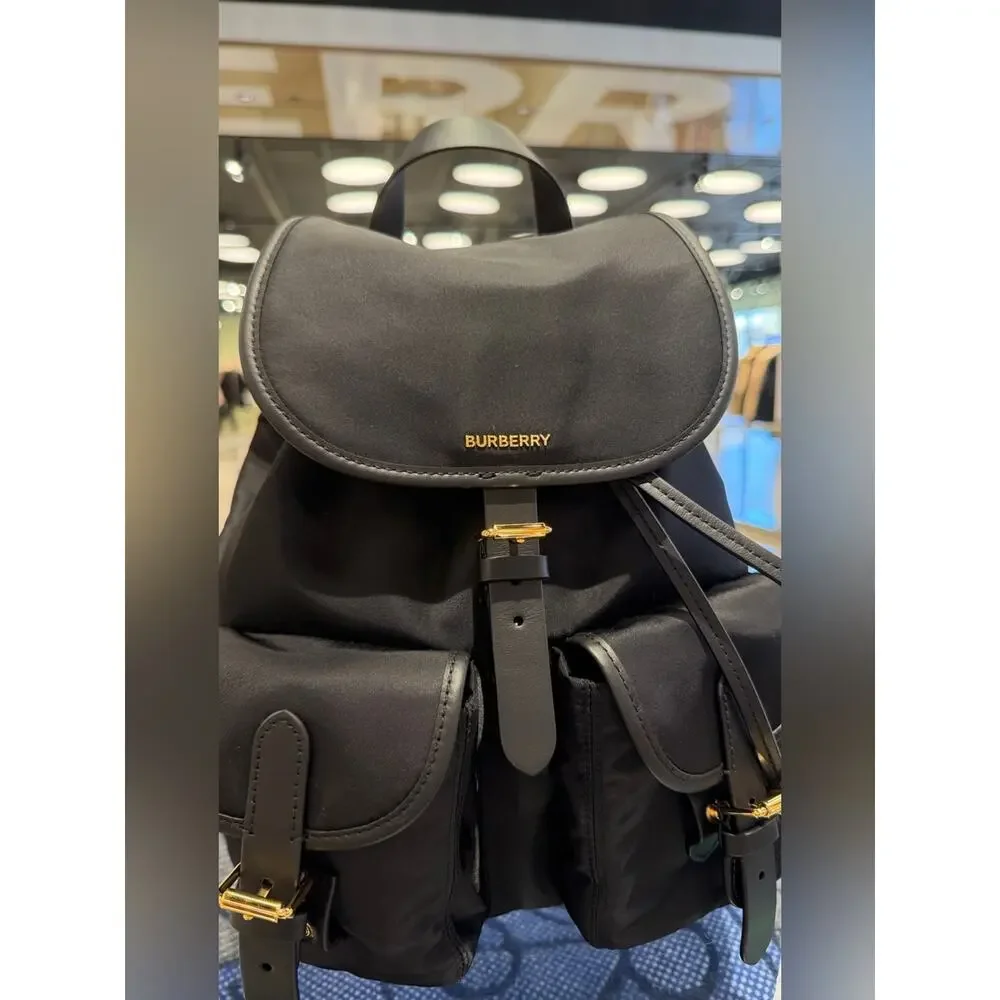 Burberry Black Nylon & Leather Backpack with check print